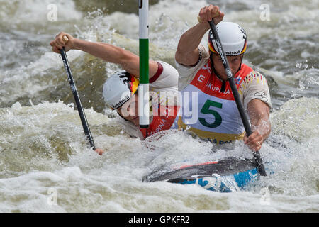 Prague, Czech Republic. 04th Sep, 2016. Germans Robert Behling and Thomas Becker placed the second in the C2 final of the 2016 ICF Canoe Slalom World Cup 2016 in Prague, Czech Republic, September 4, 2016. © Michal Kamaryt/CTK Photo/Alamy Live News Stock Photo