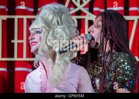 London, UK. 4th September, 2016. Denim perform on the opening weekend of revamped live entertainment venue - The Crazy Coqs, Live at Zedel - Denim,Glamrou La Denim, Crystal Vaginova, Electra Cute, Shirley Du Naughty & Aphrodite Jones, are a Cambridge founded musical comedy drag troope who last summer performed with Florence and The Machine at Glastonbury. Credit:  Guy Bell/Alamy Live News Stock Photo