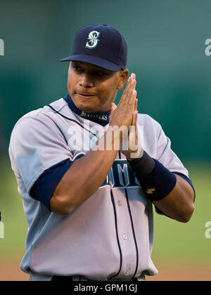 April 5, 2010; Oakland, CA, USA;  Seattle Mariners second baseman Jose Lopez (4) before the game against the Oakland Athletics at Oakland-Alameda County Coliseum. Seattle defeated Oakland 5-3. Stock Photo