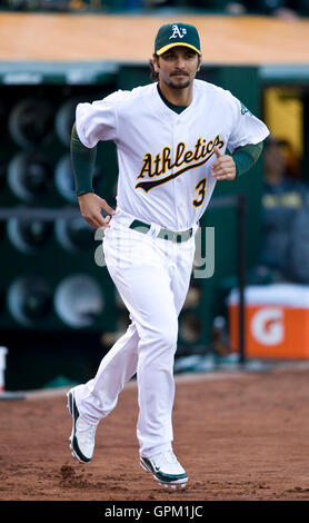 May 4, 2010; Oakland, CA, USA; Oakland Athletics left fielder Eric Patterson  (1) at bat against the Texas Rangers during the seventh inning at  Oakland-Alameda County Coliseum. Oakland defeated Texas 7-6 Stock Photo -  Alamy
