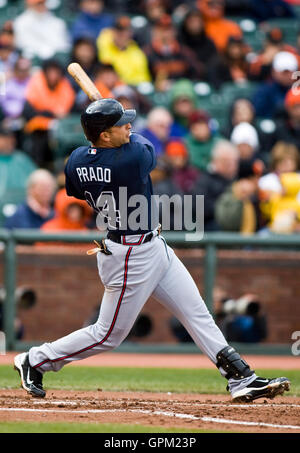 April 11, 2010; San Francisco, CA, USA;  Atlanta Braves second baseman Martin Prado (14) hits a double off of San Francisco Giants starting pitcher Tim Lincecum (not pictured) during the third inning at AT&T Park.  San Francisco defeated Atlanta 6-3. Stock Photo