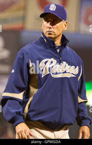 May 11, 2010; San Francisco, CA, USA;  San Diego Padres manager Bud Black (20) during the fifth inning against the San Francisco Giants at AT&T Park.  San Diego defeated San Francisco 3-2. Stock Photo