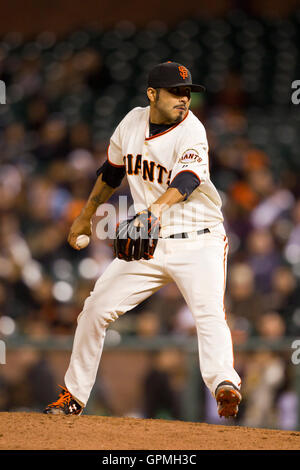 May 26, 2010; San Francisco, CA, USA;  San Francisco Giants relief pitcher Sergio Romo (54) during the eighth inning against the Washington Nationals at AT&T Park. Stock Photo