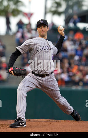 Colorado Rockies starting pitcher Jeff Francis walks away from a