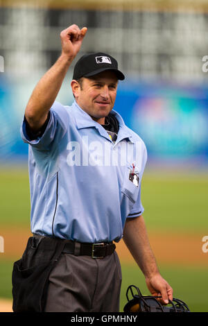 June 22, 2010; Oakland, CA, USA;  Home plate umpire Chris Guccione (68) during the first inning of the game between the Cincinnati Reds and the Oakland Athletics at Oakland-Alameda County Coliseum. Stock Photo