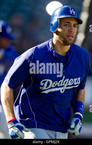 Dodgers first baseman James Loney on the bag against the Padres