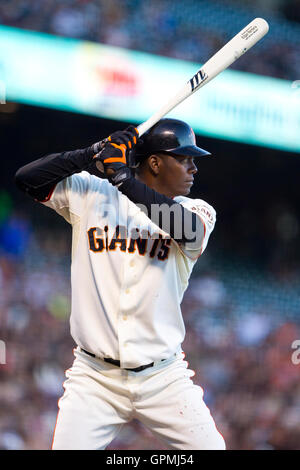 June 29, 2010; San Francisco, CA, USA;  San Francisco Giants shortstop Edgar Renteria (16) at bat against the Los Angeles Dodgers during the second inning at AT&T Park. Stock Photo
