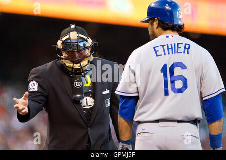 June 29, 2010; San Francisco, CA, USA;  Los Angeles Dodgers right fielder Andre Ethier (16) argues a called third strike with home plate umpire Ed Rapuano (19) during the third inning against the San Francisco Giants at AT&T Park. Stock Photo