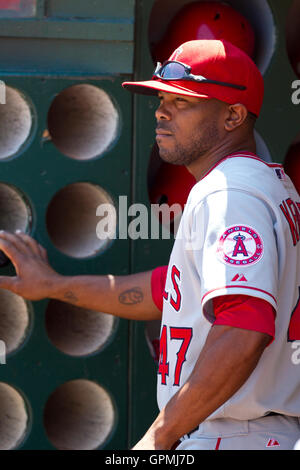 July 11, 2010; Oakland, CA, USA;  Los Angeles Angels second baseman Howard Kendrick (47) before the game against the Oakland Athletics at Oakland-Alameda County Coliseum. Oakland defeated Los Angeles 5-2. Stock Photo