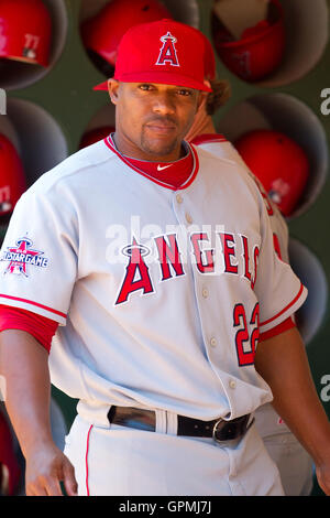 July 11, 2010; Oakland, CA, USA;  Los Angeles Angels right fielder Cory Aldridge (22) before the game against the Oakland Athletics at Oakland-Alameda County Coliseum. Oakland defeated Los Angeles 5-2. Stock Photo