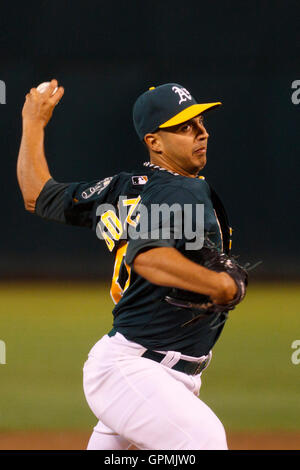 June 28, 2011; Oakland, CA, USA; Oakland Athletics starting pitcher Gio Gonzalez (47) pitches against the Florida Marlins during the sixth inning at the O.co Coliseum.  Oakland defeated Florida 1-0. Stock Photo