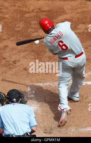 Philadelphia Phillies' Ryan Howard hits a three-run home run in the first  inning off a pitch from New York Yankees' Mike Mussina at Citizens Bank  Park in Philadelphia, Pennsylvania, on Tuesday, June