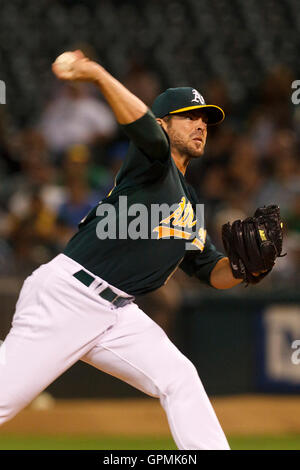 September 20, 2011; Oakland, CA, USA;  Oakland Athletics starting pitcher Graham Godfrey (65) pitches against the Texas Rangers during the fifth inning at O.co Coliseum.  Texas defeated Oakland 7-2. Stock Photo