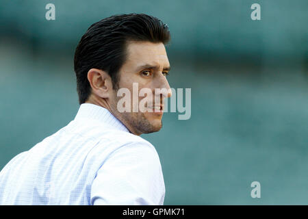 September 21, 2011; Oakland, CA, USA;  Television commentator Nomar Garciaparra watches batting practice before the game between the Oakland Athletics and the Texas Rangers at O.co Coliseum.  Texas defeated Oakland 3-2. Stock Photo