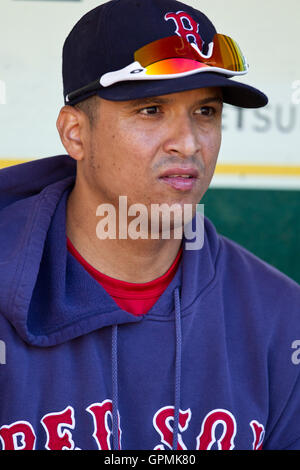 July 19, 2010; Oakland, CA, USA;  Boston Red Sox catcher Victor Martinez (41) before the game against the Oakland Athletics at Oakland-Alameda County Coliseum. Boston defeated Oakland 2-1. Stock Photo