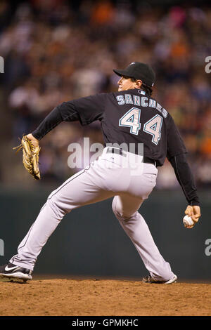 July 26, 2010; San Francisco, CA, USA;  Florida Marlins relief pitcher Brian Sanches (44) pitches against the San Francisco Giants during the seventh inning at AT&T Park.  Florida defeated San Francisco 4-3. Stock Photo