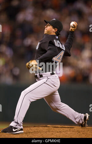 July 26, 2010; San Francisco, CA, USA;  Florida Marlins relief pitcher Brian Sanches (44) pitches against the San Francisco Giants during the seventh inning at AT&T Park.  Florida defeated San Francisco 4-3. Stock Photo