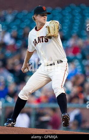 July 27, 2010; San Francisco, CA, USA;  San Francisco Giants starting pitcher Matt Cain (18) pitches against the Florida Marlins during the first inning at AT&T Park. Stock Photo