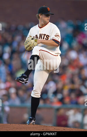 July 27, 2010; San Francisco, CA, USA;  San Francisco Giants starting pitcher Matt Cain (18) pitches against the Florida Marlins during the third inning at AT&T Park. San Francisco defeated Florida 6-4. Stock Photo