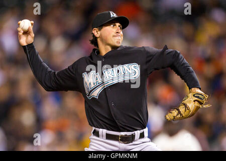 July 27, 2010; San Francisco, CA, USA;  Florida Marlins relief pitcher Brian Sanches (44) pitches against the San Francisco Giants during the eighth inning at AT&T Park. Stock Photo