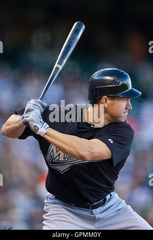 July 28, 2010; San Francisco, CA, USA;  Florida Marlins third baseman Wes Helms (18) at bat against the San Francisco Giants during the ninth inning at AT&T Park.  San Francisco defeated Florida 10-9 in 10 innings. Stock Photo