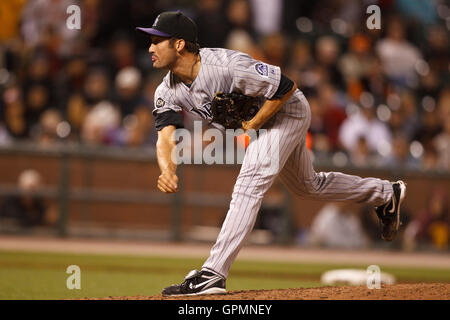 August 30, 2010; San Francisco, CA, USA;  Colorado Rockies relief pitcher Huston Street (16) pitches against the San Francisco Giants during the ninth inning at AT&T Park.  Colorado defeated San Francisco 2-1. Stock Photo