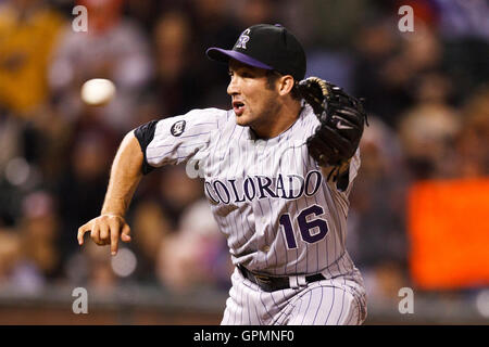 August 30, 2010; San Francisco, CA, USA;  Colorado Rockies relief pitcher Huston Street (16) catches a line drive off the bat of San Francisco Giants catcher Buster Posey (not pictured) to end the game  at AT&T Park.  Colorado defeated San Francisco 2-1. Stock Photo