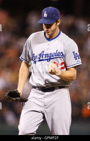 September 14, 2010; San Francisco, CA, USA;  Los Angeles Dodgers starting pitcher Clayton Kershaw (22) celebrates after the game against the San Francisco Giants at AT&T Park. Los Angeles defeated San Francisco 1-0. Stock Photo