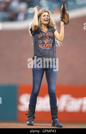 September 15, 2010; San Francisco, CA, USA;  Marisa Miller throws out the opening pitch before the game between the San Francisco Giants and the Los Angeles Dodgers at AT&T Park. Stock Photo