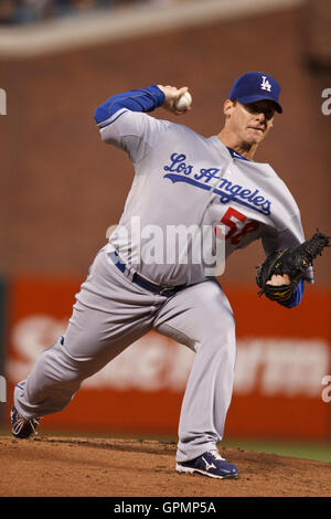 September 15, 2010; San Francisco, CA, USA;  Los Angeles Dodgers starting pitcher Chad Billingsley (58) pitches against the San Francisco Giants during the first inning at AT&T Park. Stock Photo