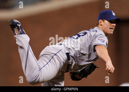September 15, 2010; San Francisco, CA, USA;  Los Angeles Dodgers starting pitcher Chad Billingsley (58) pitches against the San Francisco Giants during the fifth inning at AT&T Park. Stock Photo