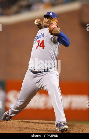 September 15, 2010; San Francisco, CA, USA;  Los Angeles Dodgers relief pitcher Kenley Jansen (74) pitches against the San Francisco Giants during the eighth inning at AT&T Park.  San Francisco defeated Los Angeles 2-1. Stock Photo
