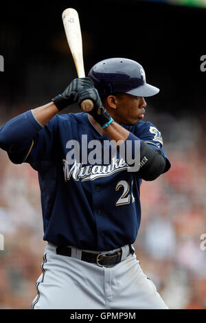 September 19, 2010; San Francisco, CA, USA;  Milwaukee Brewers shortstop Alcides Escobar (21) at bat against the San Francisco Giants during the second inning at AT&T Park.  San Francisco defeated Milwaukee 9-2. Stock Photo