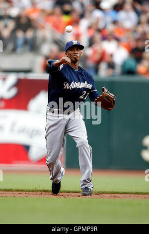 September 19, 2010; San Francisco, CA, USA;  Milwaukee Brewers shortstop Alcides Escobar (21) throws to first base against the San Francisco Giants during the second inning at AT&T Park.  San Francisco defeated Milwaukee 9-2. Stock Photo