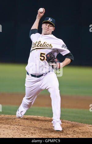 September 21, 2010; Oakland, CA, USA;  Oakland Athletics starting pitcher Trevor Cahill (53) pitches against the Chicago White Sox during the third inning at Oakland-Alameda County Coliseum. Oakland defeated Chicago 7-2. Stock Photo