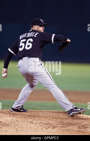 September 21, 2010; Oakland, CA, USA;  Chicago White Sox starting pitcher Mark Buehrle (56) pitches against the Oakland Athletics during the third inning at Oakland-Alameda County Coliseum. Oakland defeated Chicago 7-2. Stock Photo