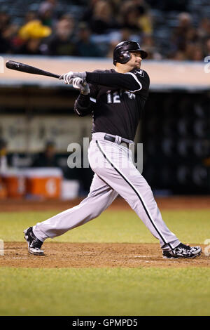 September 21, 2010; Oakland, CA, USA;  Chicago White Sox catcher A.J. Pierzynski (12) at bat against the Oakland Athletics during the sixth inning at Oakland-Alameda County Coliseum. Oakland defeated Chicago 7-2. Stock Photo