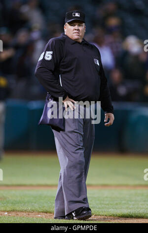 September 21, 2010; Oakland, CA, USA;  Home plate umpire Fieldin Culbreth (25) during the seventh inning of the game between the Oakland Athletics and the Chicago White Sox at Oakland-Alameda County Coliseum. Oakland defeated Chicago 7-2. Stock Photo