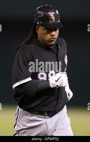 Chicago White Sox designated hitter Manny Ramirez puts chewing tobacco in  his mouth before a baseball game against the Cleveland Indians at  Progressive Field in Cleveland on August 31, 2010. UPI/David Richard