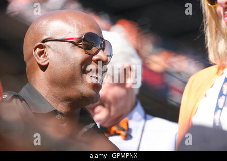 October 19, 2010; San Francisco, CA, USA; Barry Bonds watches the game between the San Francisco Giants and the Philadelphia Phillies during the sixth inning in game three of the 2010 NLCS at AT&T Park. The Giants defeated the Phillies 3-0. Stock Photo