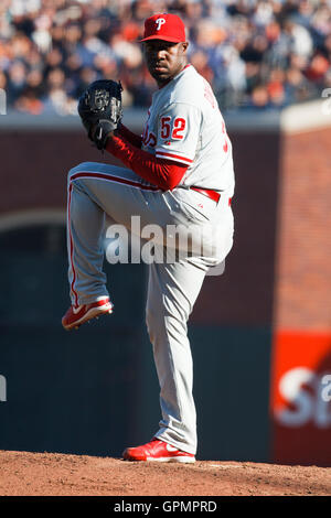 October 19, 2010; San Francisco, CA, USA; Philadelphia Phillies relief pitcher Jose Contreras (52) pitches against the San Francisco Giants during the seventh inning in game three of the 2010 NLCS at AT&T Park. The Giants defeated the Phillies 3-0. Stock Photo