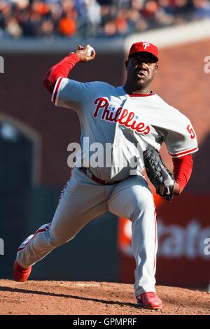 October 19, 2010; San Francisco, CA, USA; Philadelphia Phillies relief pitcher Jose Contreras (52) pitches against the San Francisco Giants during the seventh inning in game three of the 2010 NLCS at AT&T Park. The Giants defeated the Phillies 3-0. Stock Photo