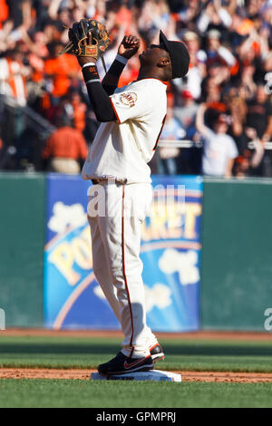 October 19, 2010; San Francisco, CA, USA; San Francisco Giants shortstop Edgar Renteria (16) celebrates at the end of the game against the Philadelphia Phillies in game three of the 2010 NLCS at AT&T Park. The Giants defeated the Phillies 3-0. Stock Photo