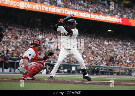 October 20, 2010; San Francisco, CA, USA; San Francisco Giants shortstop Edgar Renteria (16) at bat against the Philadelphia Phillies during the first inning in game four of the 2010 NLCS at AT&T Park. The Giants defeated the Phillies 6-5. Stock Photo