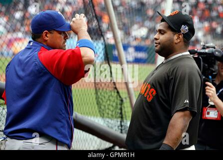 Giants catcher Bengie Molina and Pablo Sandoval (48) celebrate Molina's  2-run home run in the first inning vs. the Cincinnati Reds at AT&t Park in  San Francisco, Calif., on Friday, August 7