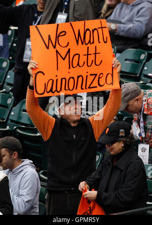 October 28, 2010; San Francisco, CA, USA;  A San Francisco Giants fan holds up a sign before game two of the 2010 World Series against the Texas Rangers at AT&T Park.  San Francisco defeated Texas 9-0. Stock Photo