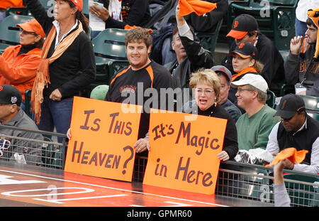 October 28, 2010; San Francisco, CA, USA;  San Francisco Giants fans holds up a sign before game two of the 2010 World Series against the Texas Rangers at AT&T Park.  San Francisco defeated Texas 9-0. Stock Photo