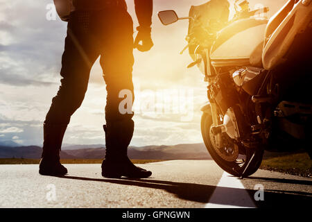 Moto biker road trip closeup concept Stock Photo