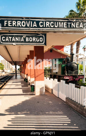 This is the station to catch the Ferrovia Circumetnea, the train that goes around Mount.Etna Stock Photo