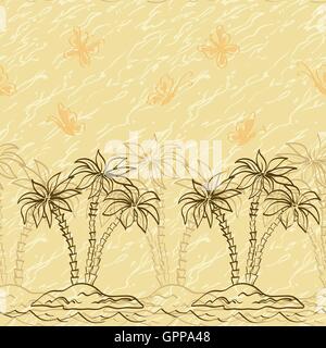 Seamless pattern, palm trees and butterflies contours Stock Vector